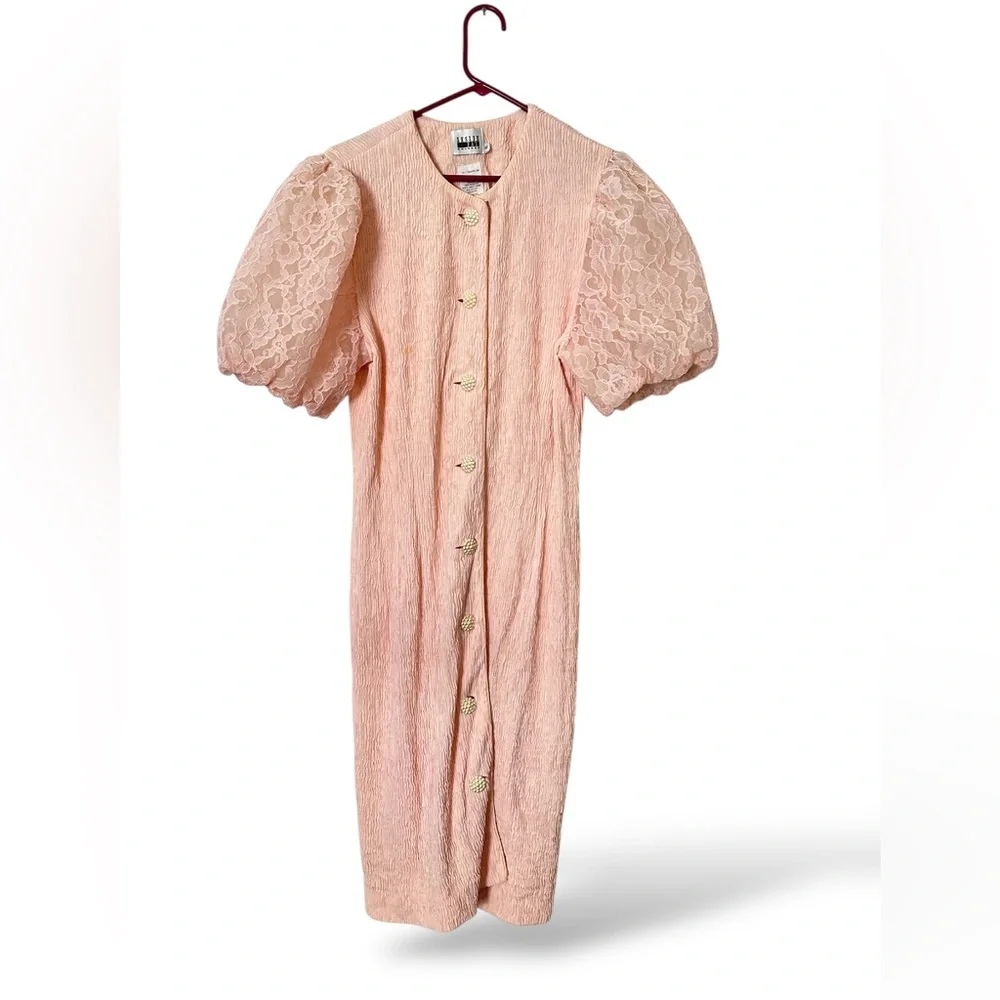 Vintage 80’s Elegant Pink Lace women’s Dress size 16 Lacey puffy sleeves (A-84) - Picture 1 of 10